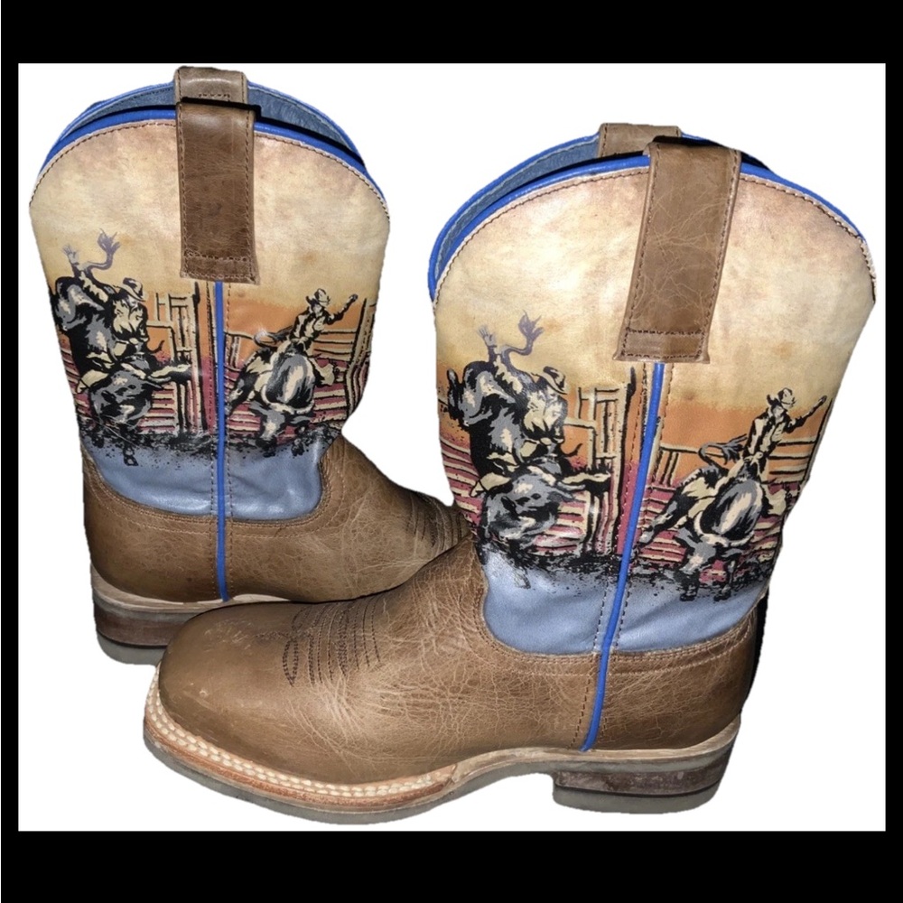 Boys Roper Western Boots Brown Leather w/ Rodeo Scene Shaft Square Toe Size 9